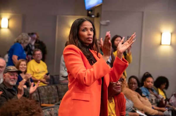 Civil rights attorney Areva Martin reacts to the city council's unanimous vote for the settlement offer of $5.9 million to the Section 14 Survivors group during a public council meeting in Palm Springs, Calif., on Thurs., November 14, 2024. Taya Gray/The Desert Sun